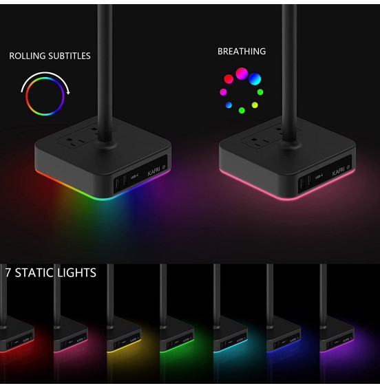 KAFRI RGB Headphone Stand with USB Charger Desk Gaming Headset Holder Hanger Rack with 3 USB Charging Port and 2 Outlet - Suitable for Gamer Desktop Table Game Earphone Accessories Boyfriend Gift