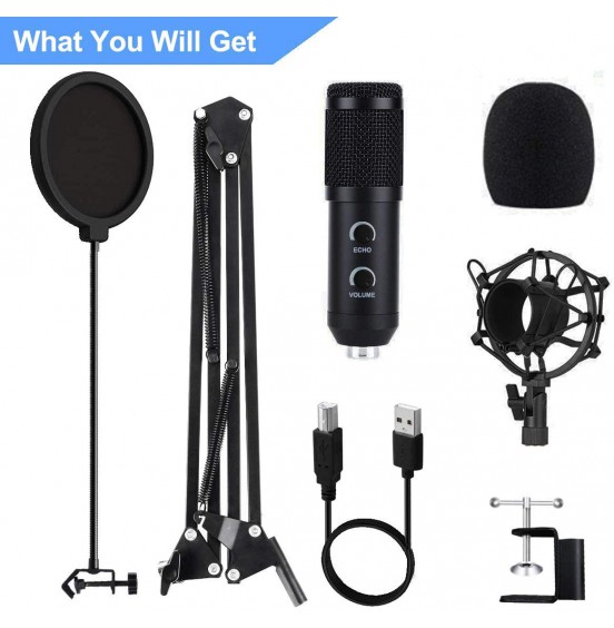 2021 Upgraded USB Condenser Microphone for Computer, Great for Gaming, Podcast, LiveStreaming, YouTube Recording, Karaoke on PC, Plug &amp; Play, with Adjustable Metal Arm Stand, Ideal for Gift, Black