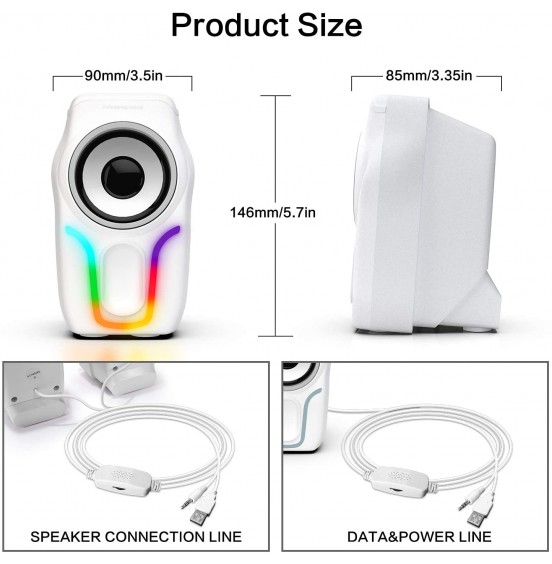 Computer Speakers,2.0 Stereo Volume Control Gaming Speakers with Surround Sound,6 RGB LED Backlit Effect,USB Powered Wired Laptop Speakers with 3.5mm for Desktop Computer/PC/Laptops(White)