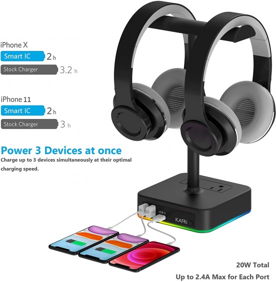 KAFRI RGB Headphone Stand with USB Charger Desk Gaming Headset Holder Hanger Rack with 3 USB Charging Port and 2 Outlet - Suitable for Gamer Desktop Table Game Earphone Accessories Boyfriend Gift