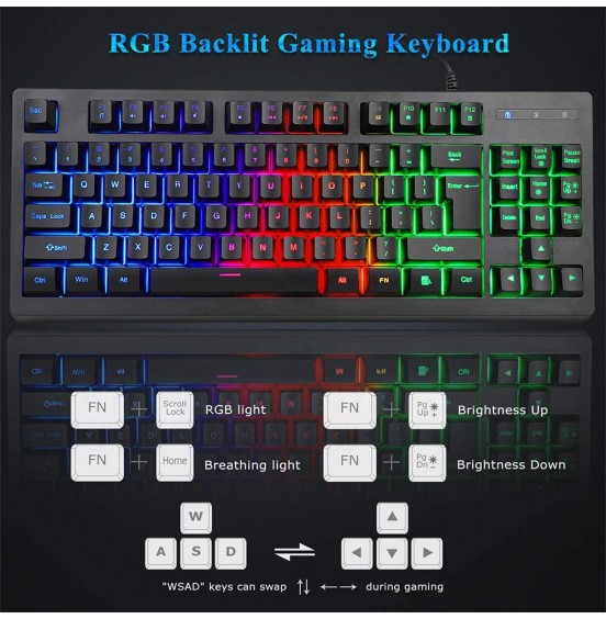 MFTEK RGB Rainbow Backlit Gaming Keyboard and Mouse Combo, LED PC Gaming Headset with Microphone, Large Mouse Pad, Small Compact 87 Keys USB Wired Mechanical Feeling Keyboard for Computer Gamer Office