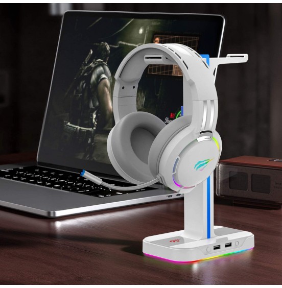 Havit RGB Gaming Headphone Stand Desk Dual Headset Hanger Base with Phone Holder &amp; 2 USB Ports for Desktop PC Game Earphone Accessories