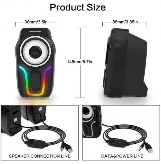 Computer Speakers,2.0 Stereo Volume Control Gaming Speakers with Surround Sound,6 RGB LED Backlit Effect,USB Powered Wired Laptop Speakers with 3.5mm for Desktop Computer/PC/Laptops(White)