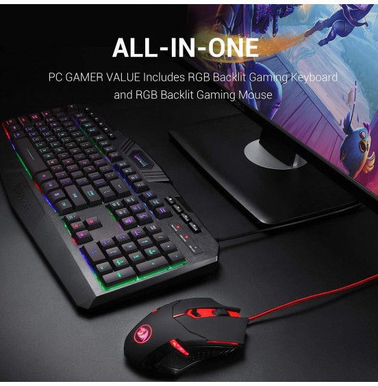 Redragon S101 Wired Gaming Keyboard and Mouse Combo RGB Backlit Gaming Keyboard with Multimedia Keys Wrist Rest and Red Backlit Gaming Mouse 3200 DPI for Windows PC Gamers (Black)