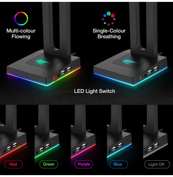 Havit RGB Headphones Stand with 3.5mm AUX and 2 USB Ports, Headphone Holder for Gamers Gaming PC Accessories Desk