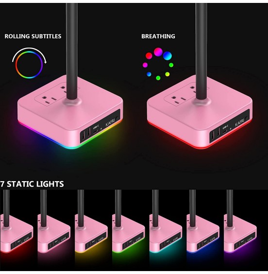 KAFRI RGB Headphone Stand with USB Charger Desk Gaming Headset Holder Hanger Rack with 3 USB Charging Port and 2 Outlet - Suitable for Gamer Desktop Table Game Earphone Accessories Boyfriend Gift