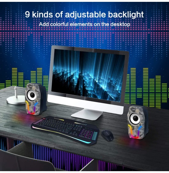 Computer Speakers,2.0 Stereo Volume Control Gaming Speakers with Surround Sound,6 RGB LED Backlit Effect,USB Powered Wired Laptop Speakers with 3.5mm for Desktop Computer/PC/Laptops(White)